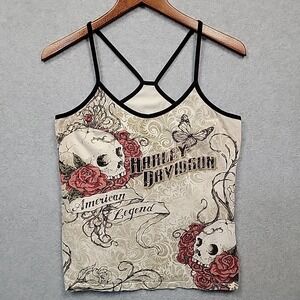 Harley-Davidson Skull Butterfly Roses Tank Top Cami All Cotton OH KY Womens Sz L